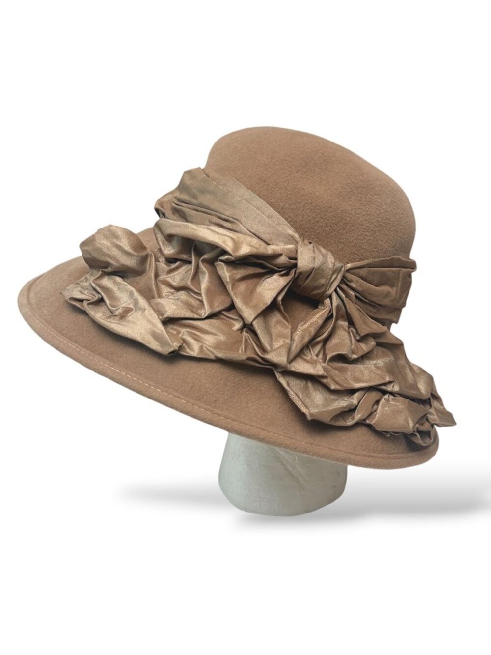 Louise Green Designer Hat Wool Felt with Bow Wide Brim Tan Beige Formal Medium